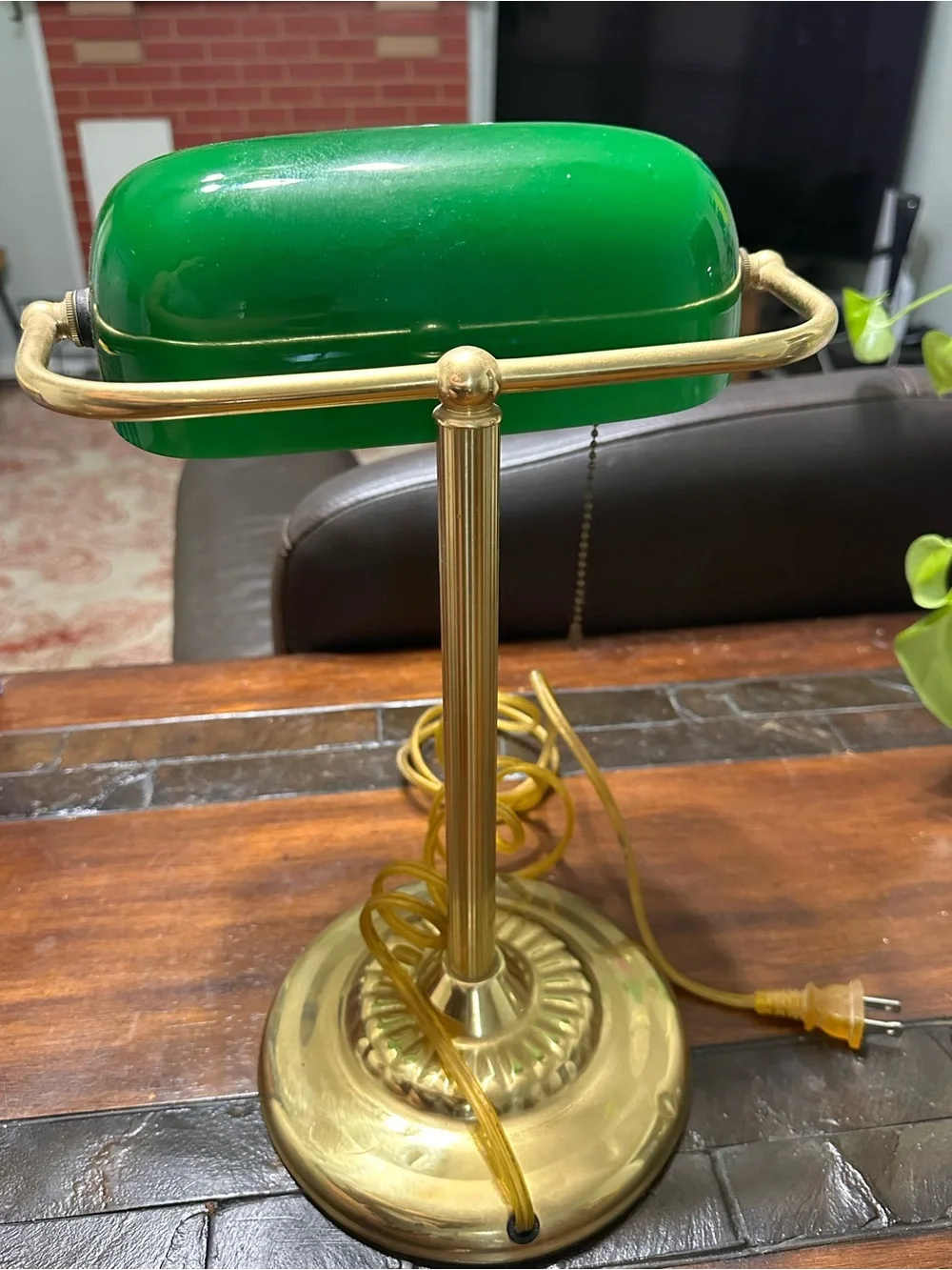 Vintage Green Glass and Brass Banker's Desk Lamp